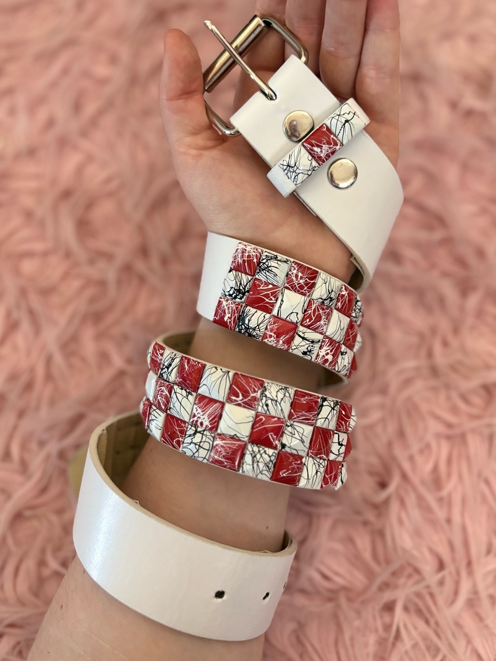 Unique red & white leather belt